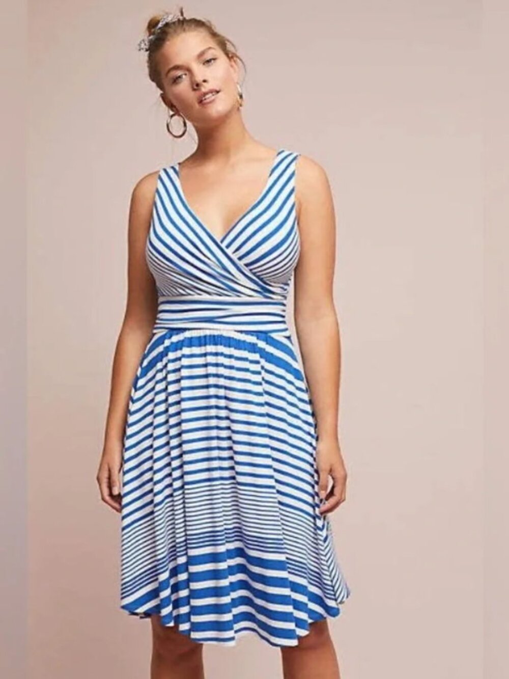 XS Maeve Kythira Blue/White Stripe Fit and Flare Dress Anthropologie Midi